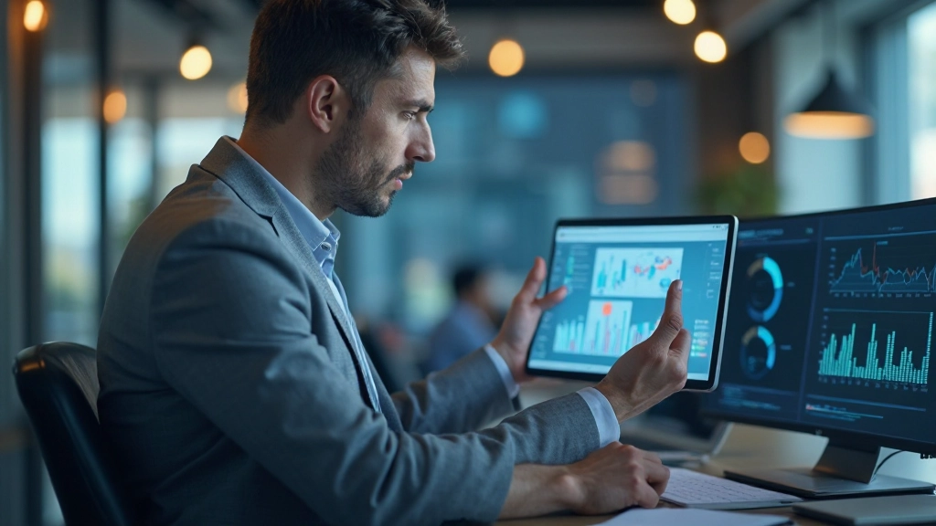 Интерактивная визуализация данных на экране с разноцветными графиками и диаграммами