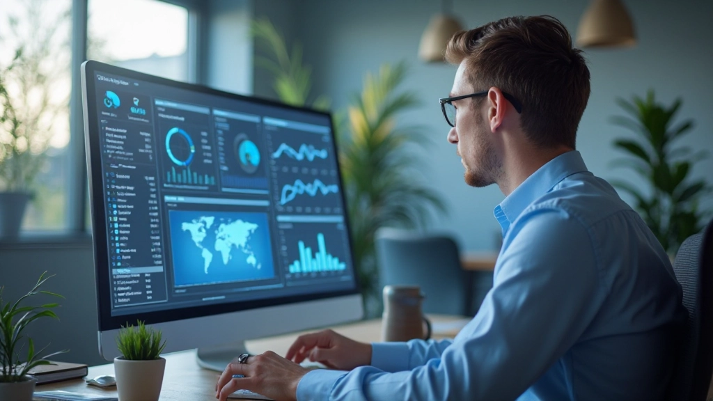 Монитор, отображающий интерфейс системы бизнес-аналитики с различными метриками и индикаторами производительности