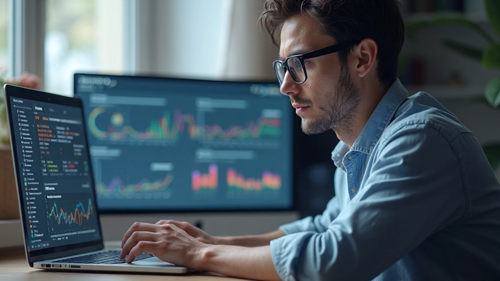 Специалист по данным работает с различными аналитическими инструментами и методами на рабочем столе с ноутбуком