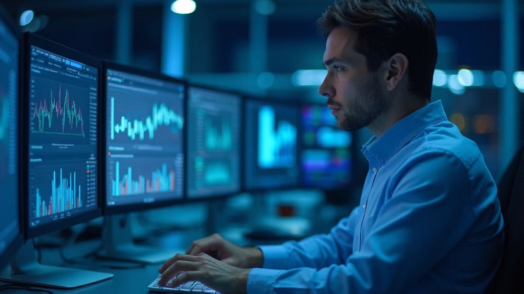 Профессиональный рабочий стол с мониторами, показывающими аналитические данные и метрики