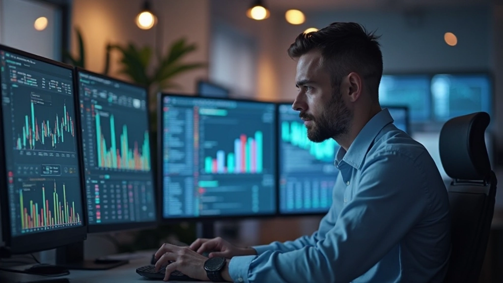 Профессиональная рабочая среда аналитика с мониторами, отображающими данные и диаграммы